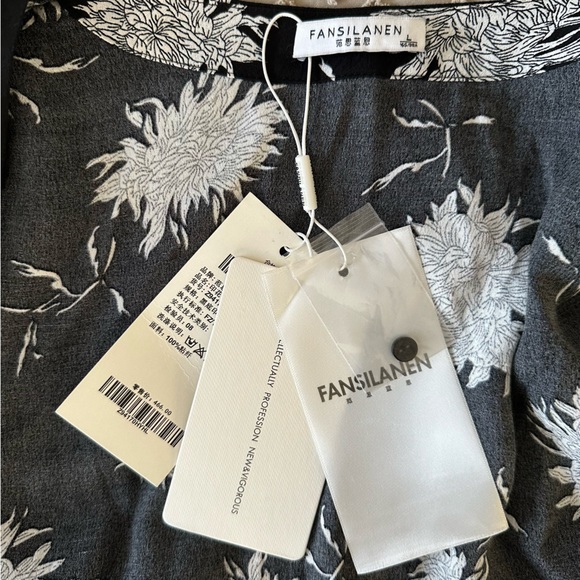 NWT Fansilanen Black Floral Button Down Tie Waist Midi Dress Size L - Picture 9 of 10